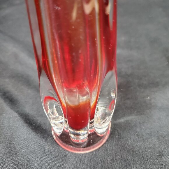 Vintage Amberina Red Orange Art Glass Bud Vase | Mid Century Hand Blown Ruffled - Picture 8 of 13